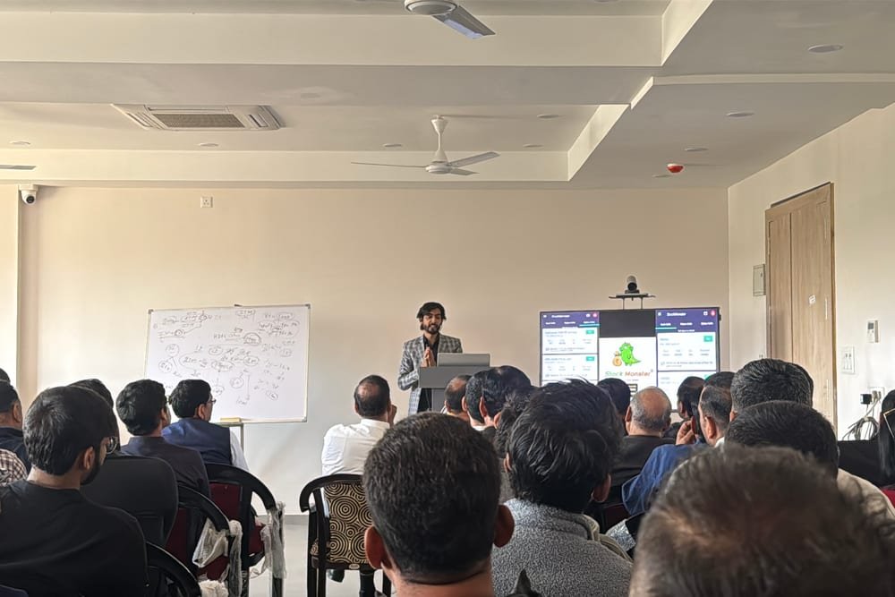 CA Prateek Dangi presenting the Stock Monster app on screen during a session